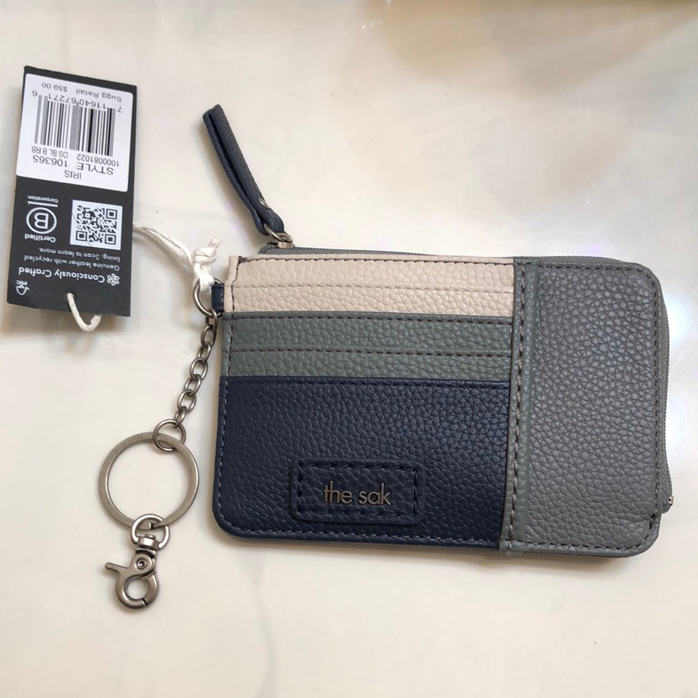 the sak Iris Dusty Blue Block Pebbled 100% Leather Card Wallet Key Fob NWT